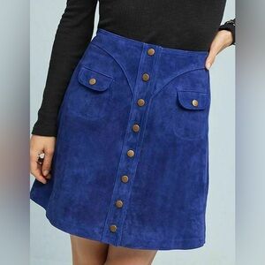 ANTHROPOLOGIE Suede Leather Vintage 70's Suede Button Mini Skirt Blue